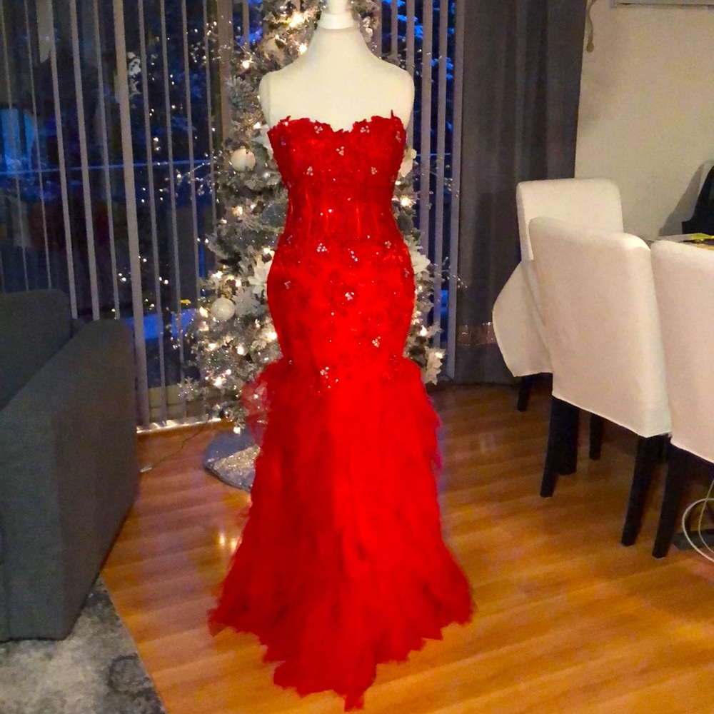 Strapless Red Mermaid Prom Gown with Floral Embellishments